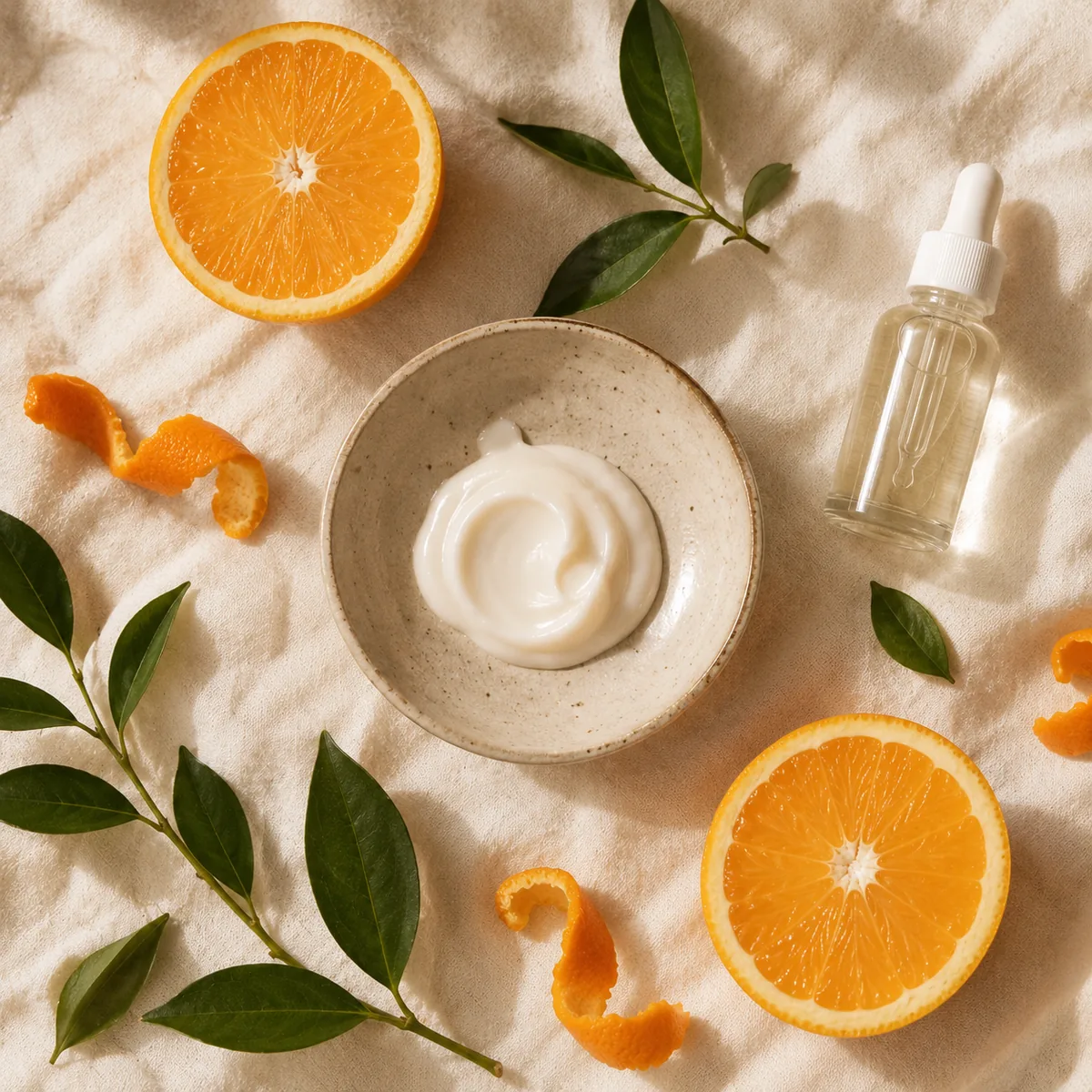 Natural ingredients flat lay with cream and botanicals